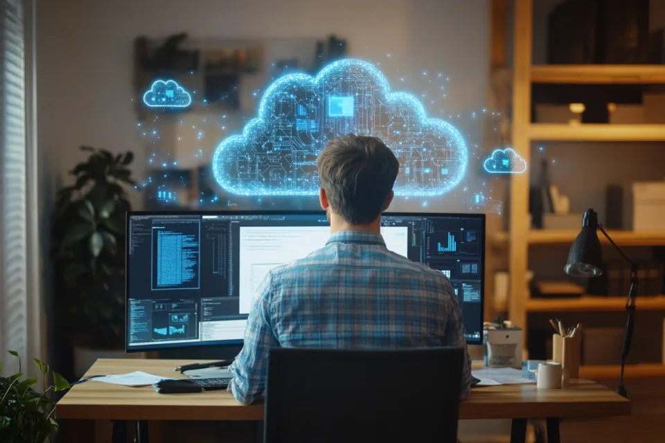 man working in front of his computer with cloud icons above the monitor