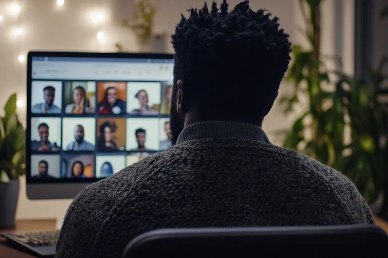 accountant working remotely looking at colleagues on a zoom call