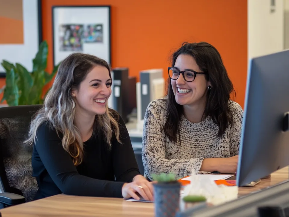 two female accounting team members working at a monitor together
