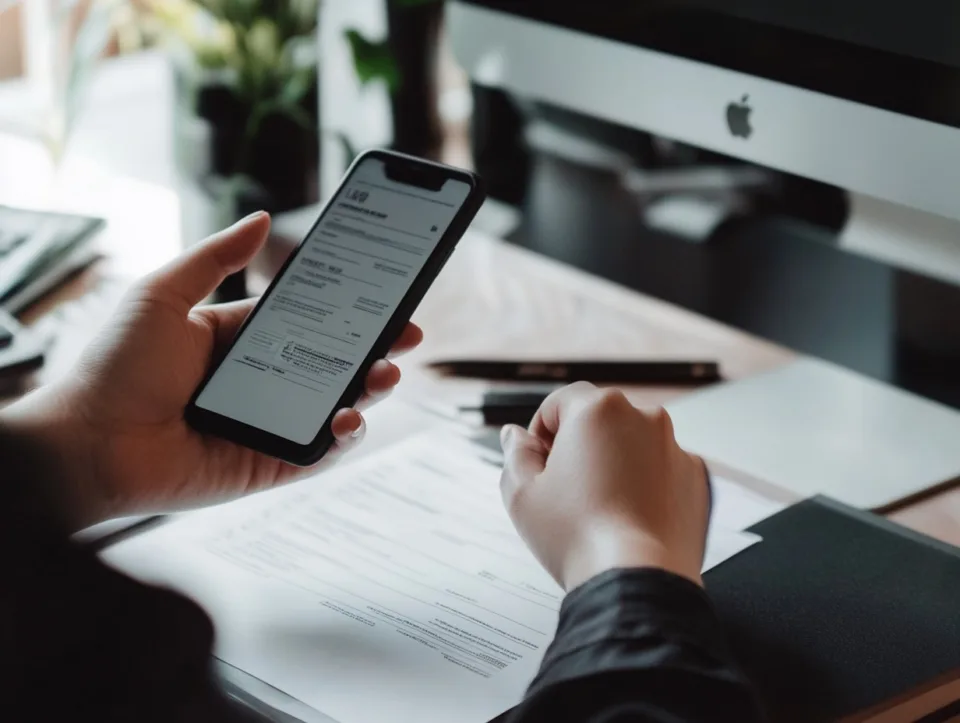 close-up of accountant's hand holding a phone and working at their desk