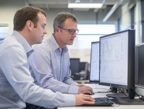 two male accounting team members working in front of a monitor
