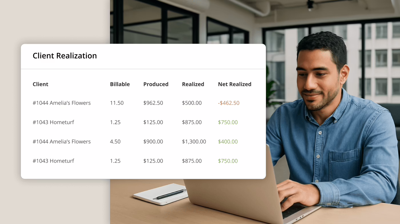 A professional reviewing the client realization information in the Firm360 accounting software interface