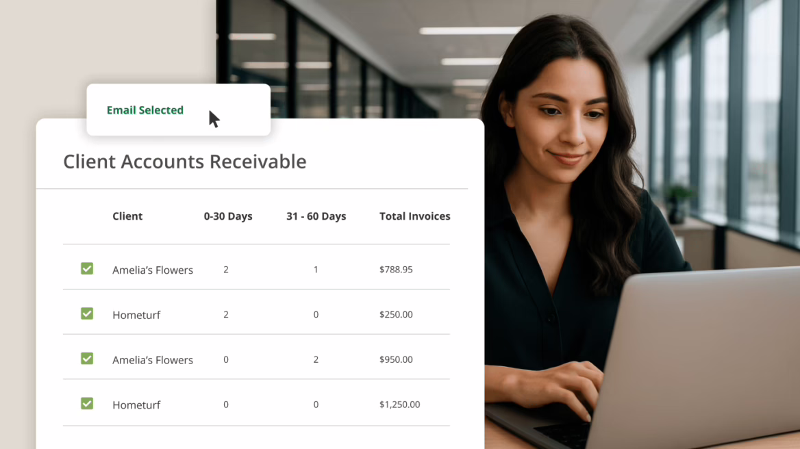 A professional reviewing the client accounts receivable information in the Firm360 accounting software interface