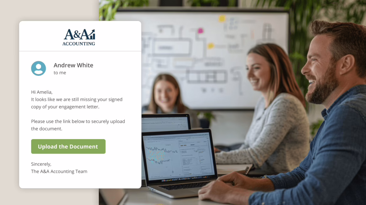 A group of professionals accessing the client portal information in the Firm360 accounting software interface