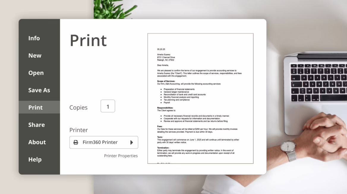Print interface feature in the Firm360 accounting software