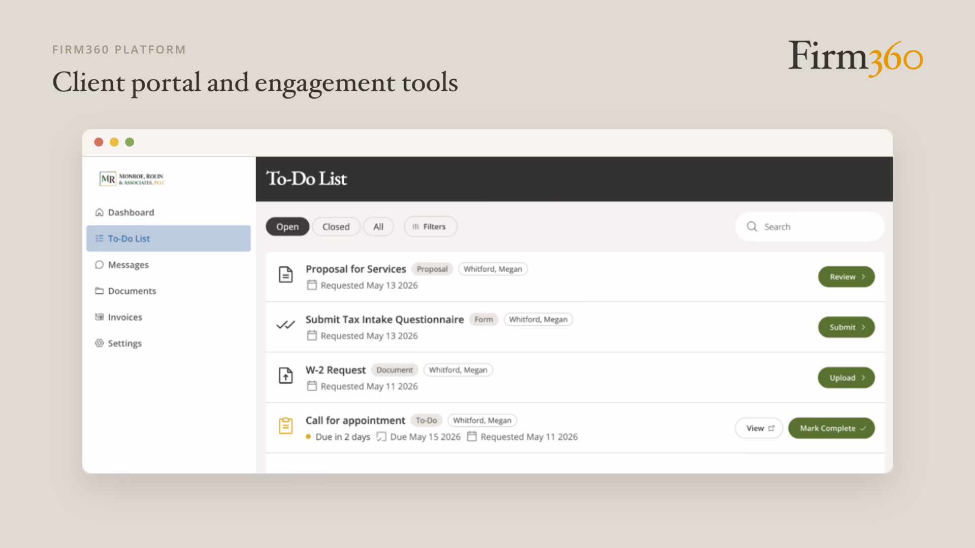 accounting client portal Firm360 screenshot