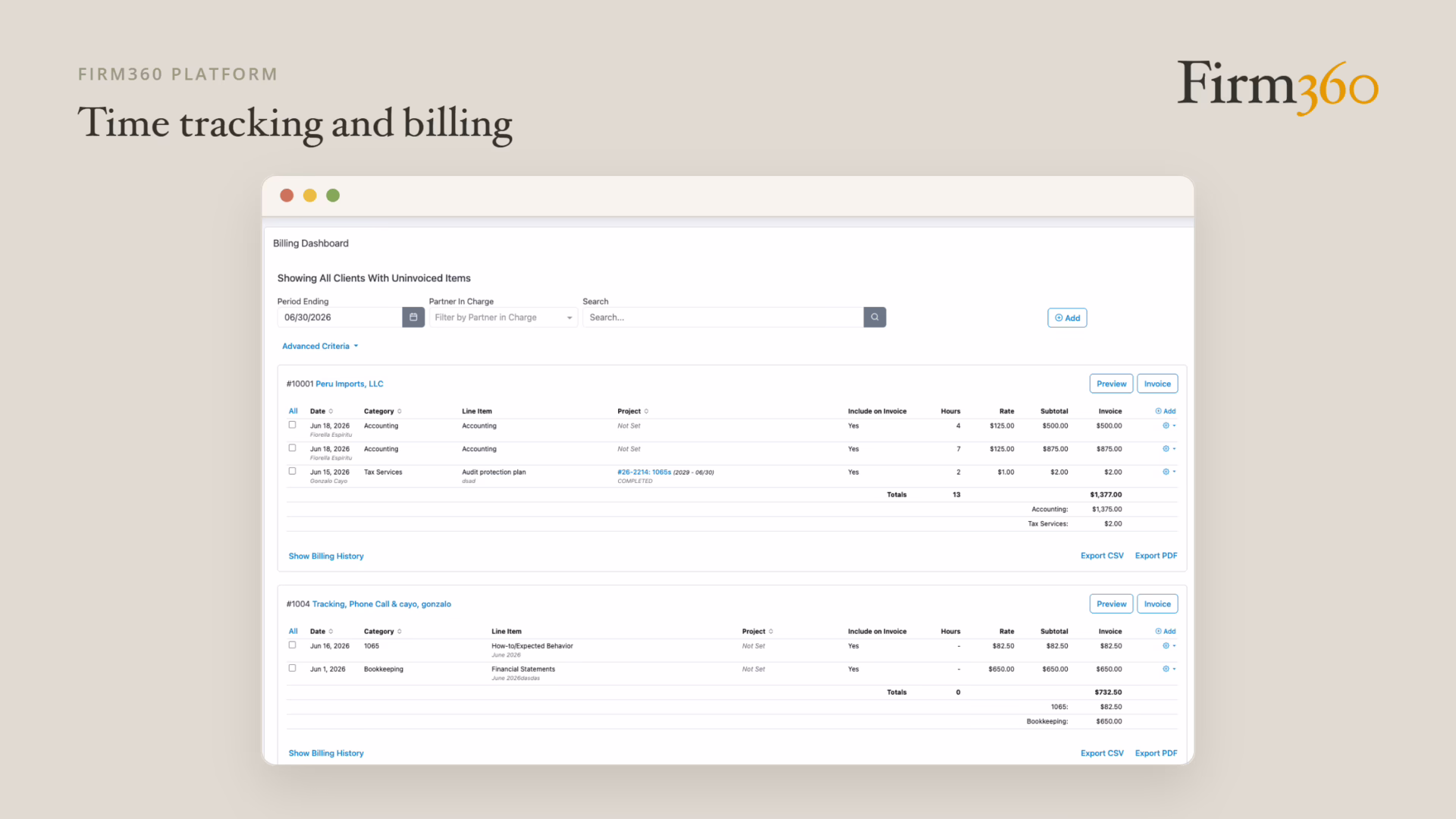 accounting time tracking and billing Firm360 dashboard screenshot