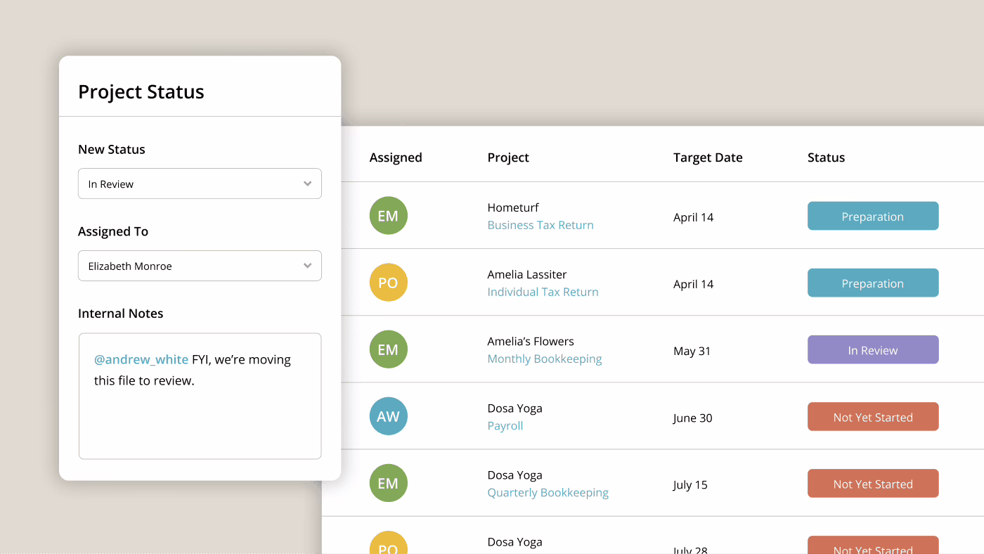 Example of Firm360 project management software showing how accountants can track client projects, deadlines, and status updates in one dashboard