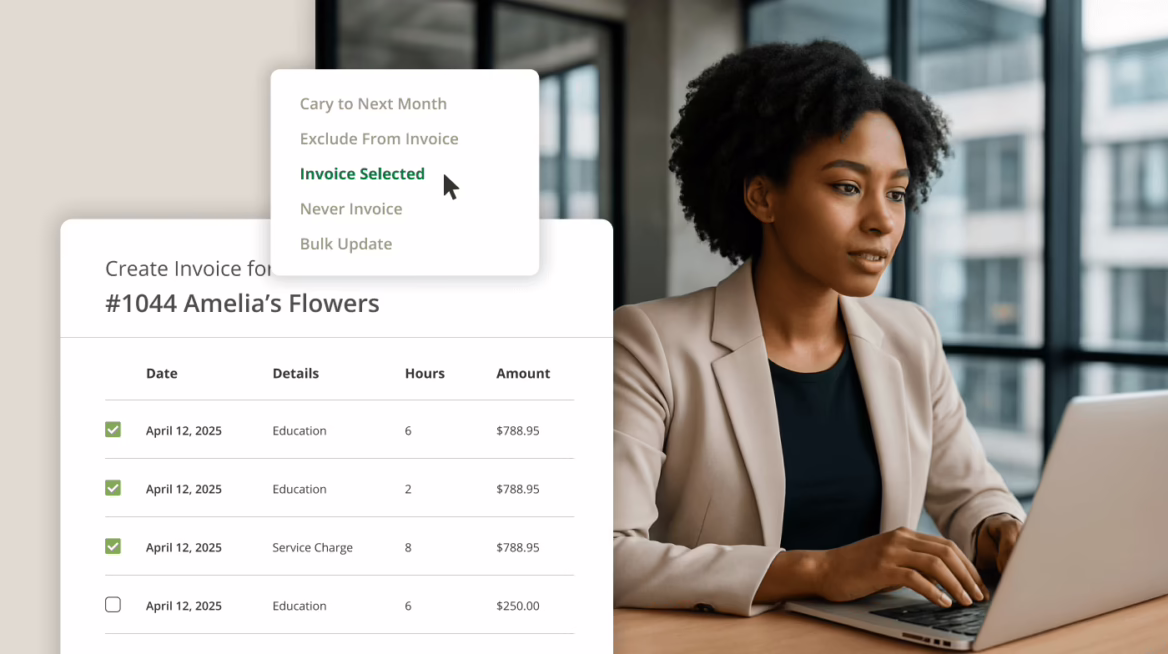 A professional creating an invoice in the Firm360 accounting software interface