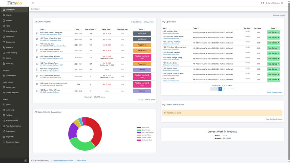 Firm360 software dashboard displaying open projects, tasks, and work in progress