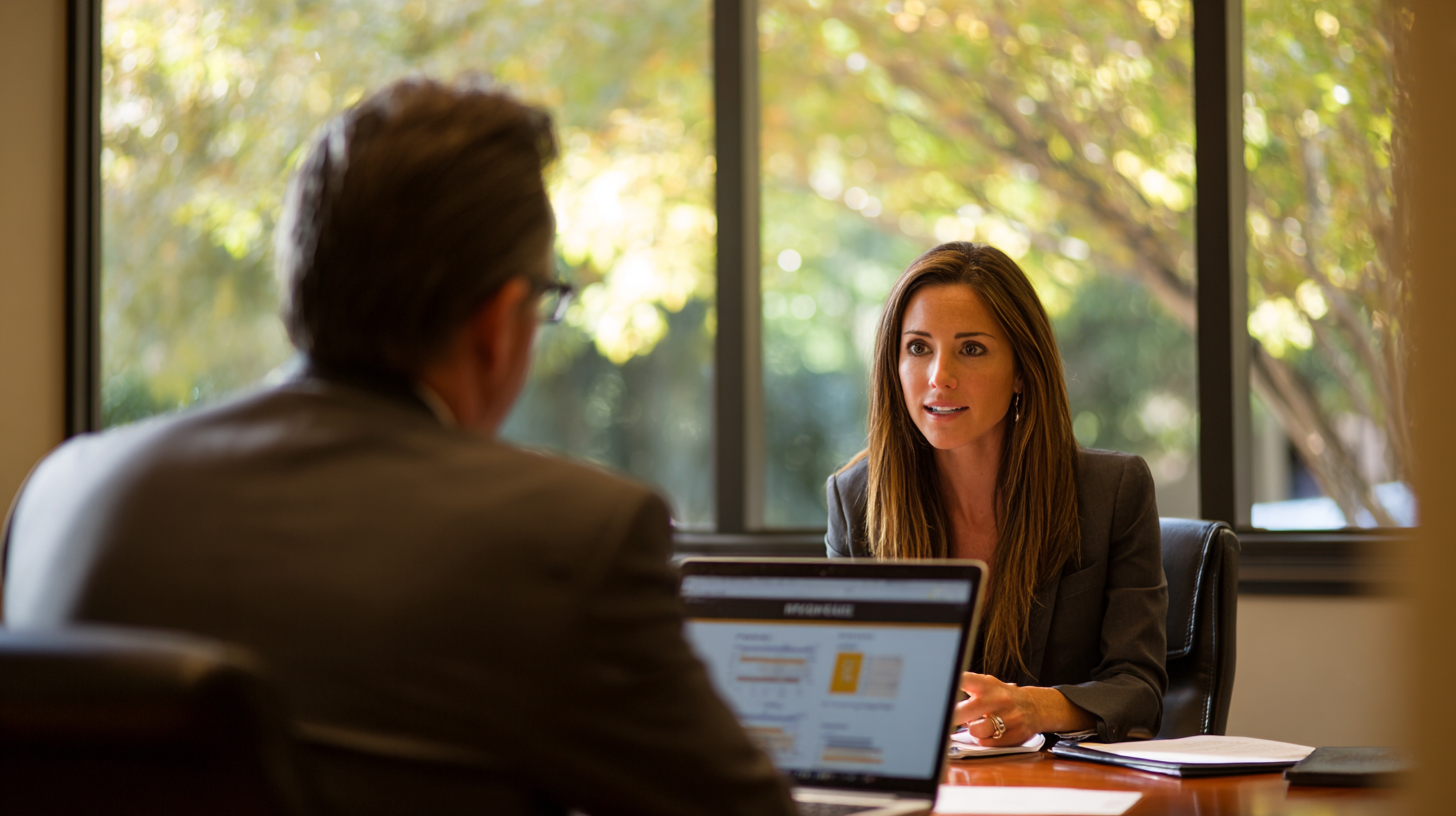An accounting firm partner reviewing KPI reports with a client in a professional office meeting.