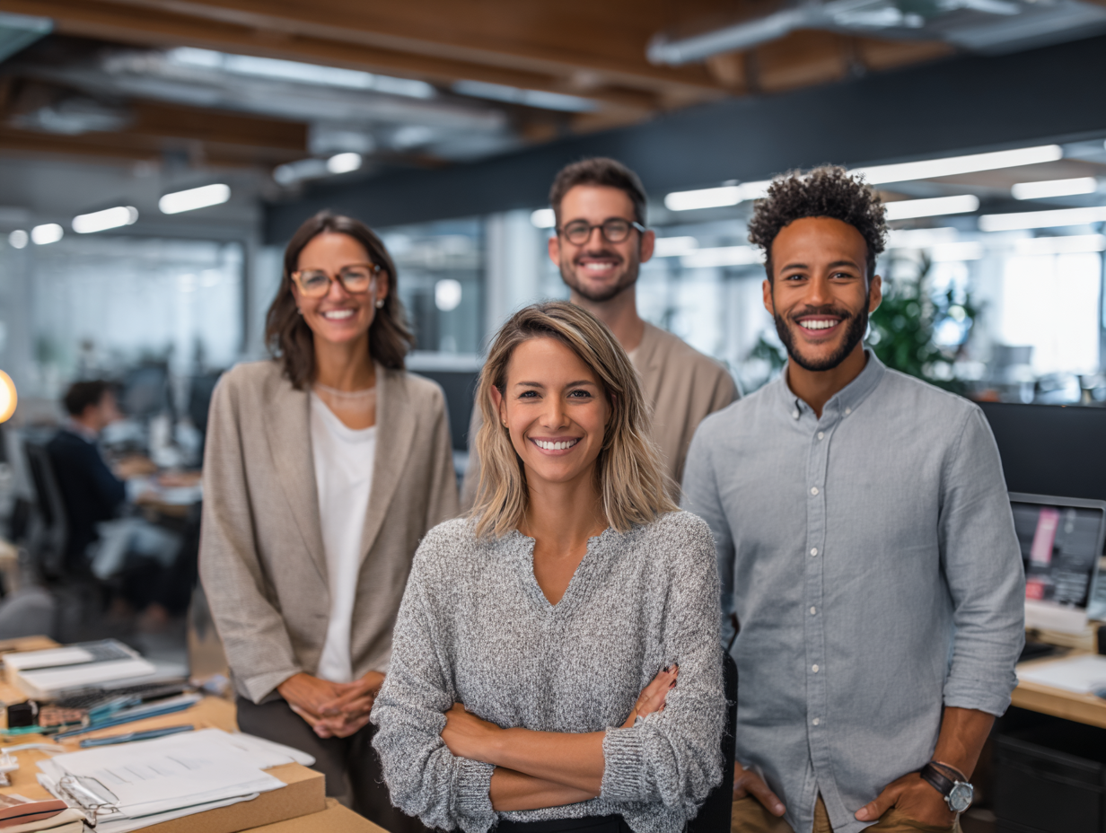 Team at a small accounting firm standing in a modern office, representing collaboration and firm growth supported by practice management software.