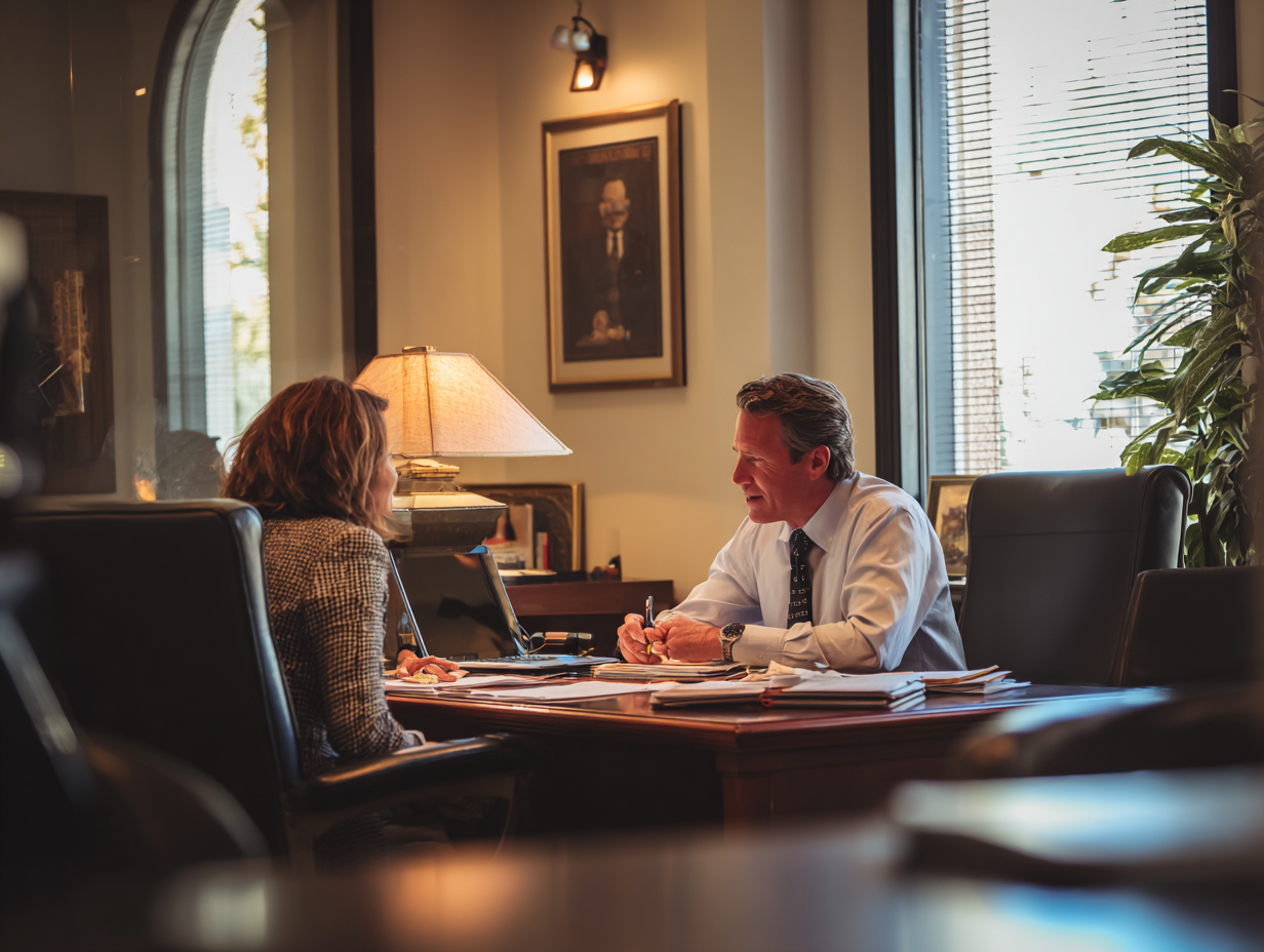 An accountant meets with a partner across a wooden desk covered in documents, discussing financial plans in a warm, professional office setting.