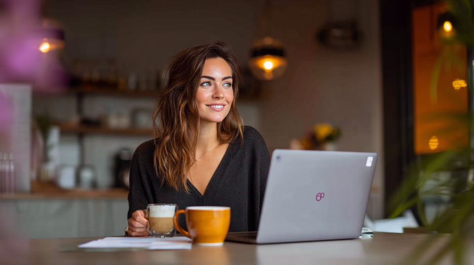 Accounting firm client smiling while working on a laptop at home, holding a coffee mug — illustrating the ease of using a client portal for accountants