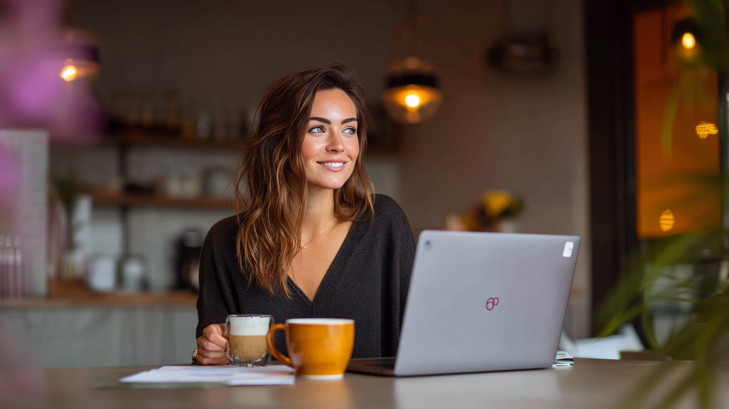 Accounting firm client smiling while working on a laptop at home, holding a coffee mug — illustrating the ease of using a client portal for accountants