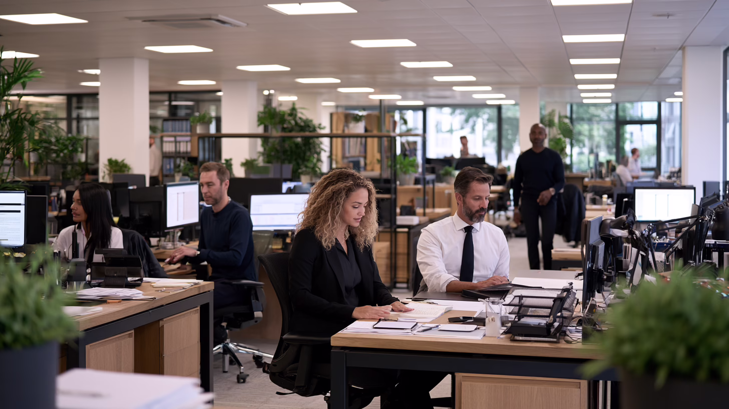 Accounting firm staff working at desks in a busy open-plan office during tax season.