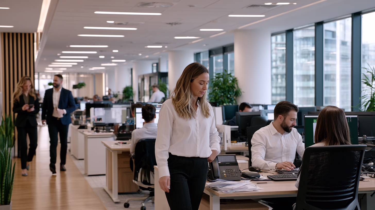 Busy accounting office with staff working at desks, reflecting a CPA firm managing tax document collection and client workflows.