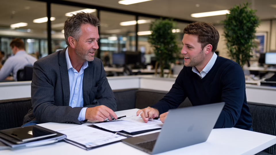 Senior accounting firm partner reviewing client files with a next-generation leader — CPA firm succession planning in practice