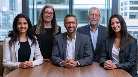 Five-person accounting firm team seated at a conference table in a modern office.