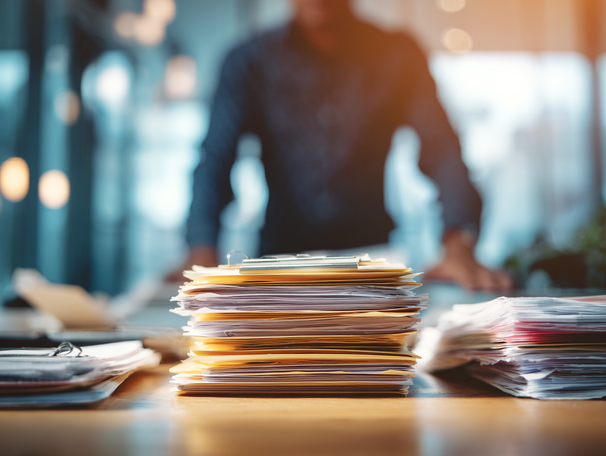 Stack of client documents on an accountant’s desk illustrating document management challenges in an accounting firm