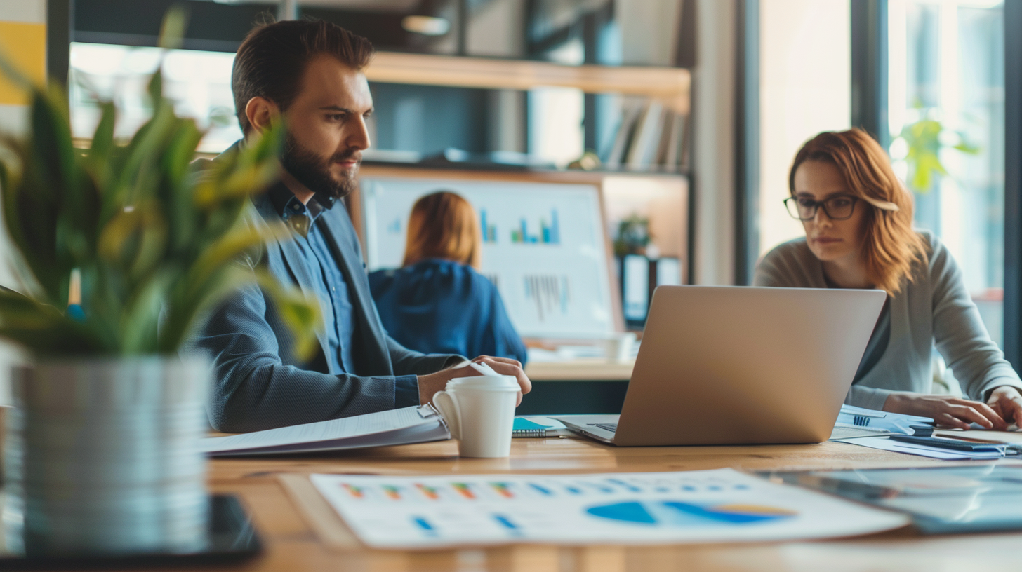 CPA firm team reviewing tax documents and workflow process in a modern office during tax season.