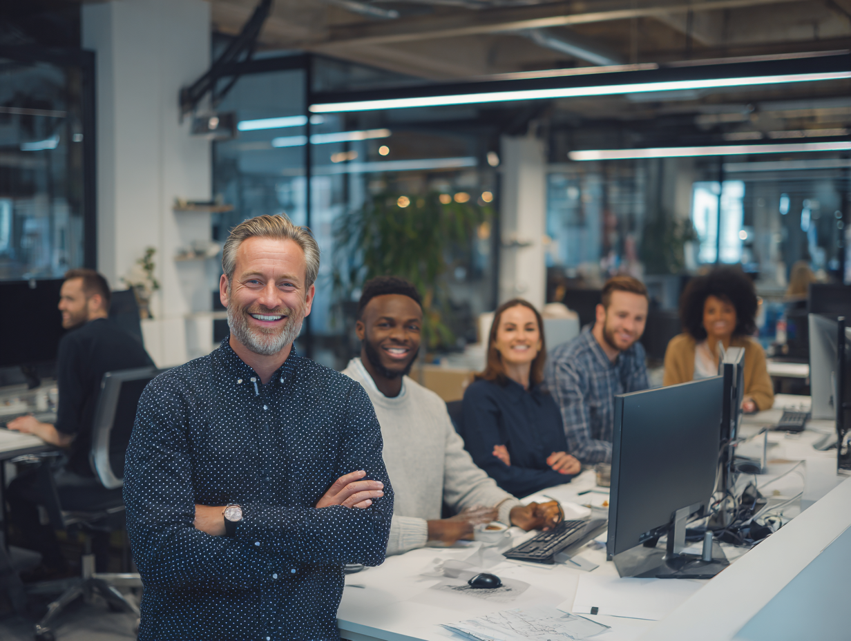 Team of accountants in a modern office representing AI in accounting through collaboration, technology, and efficient workflows