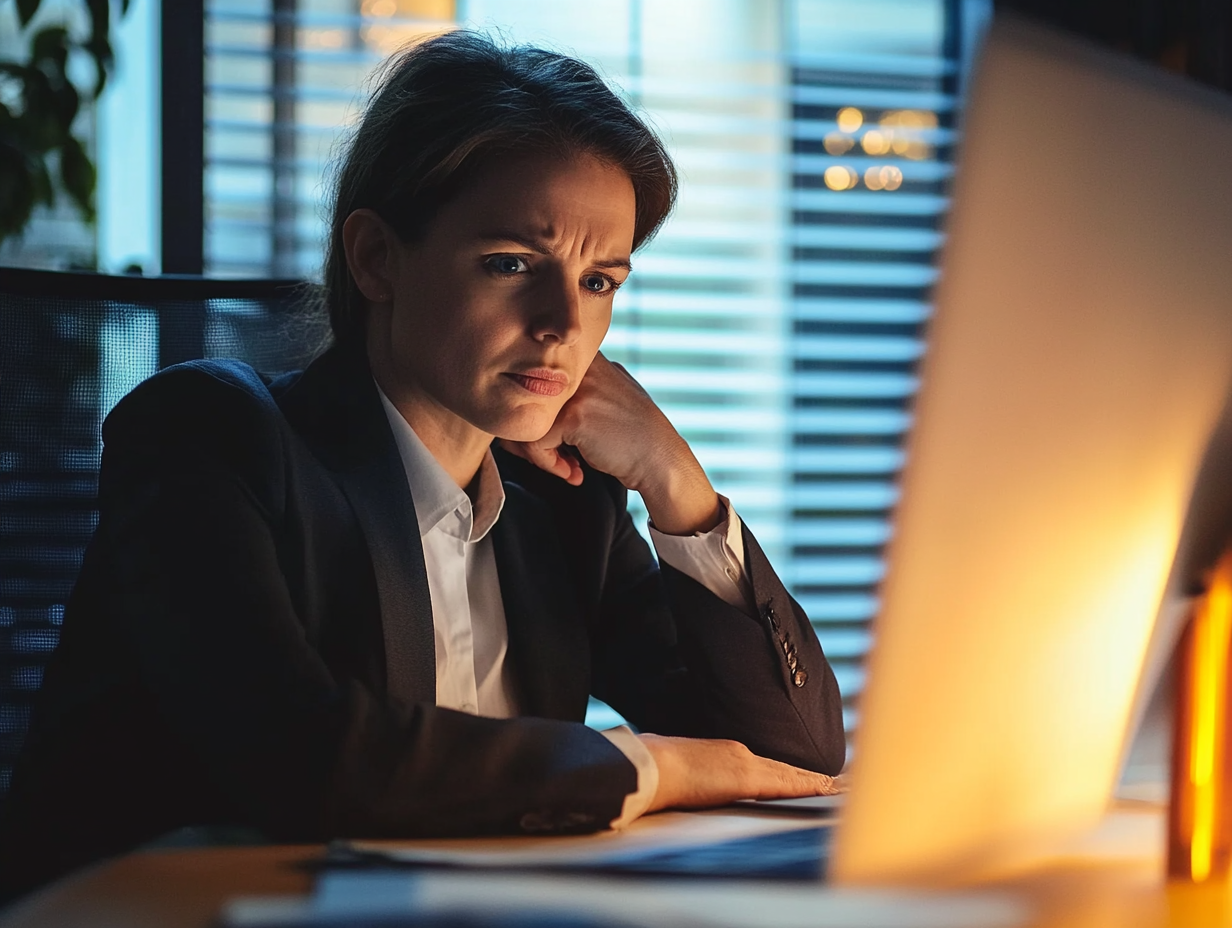 Concerned accountant working late at a computer, reviewing cyber security measures to protect client data from potential breaches.