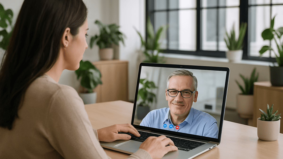 woman on a video call with middle aged man in modern well lit office with plants